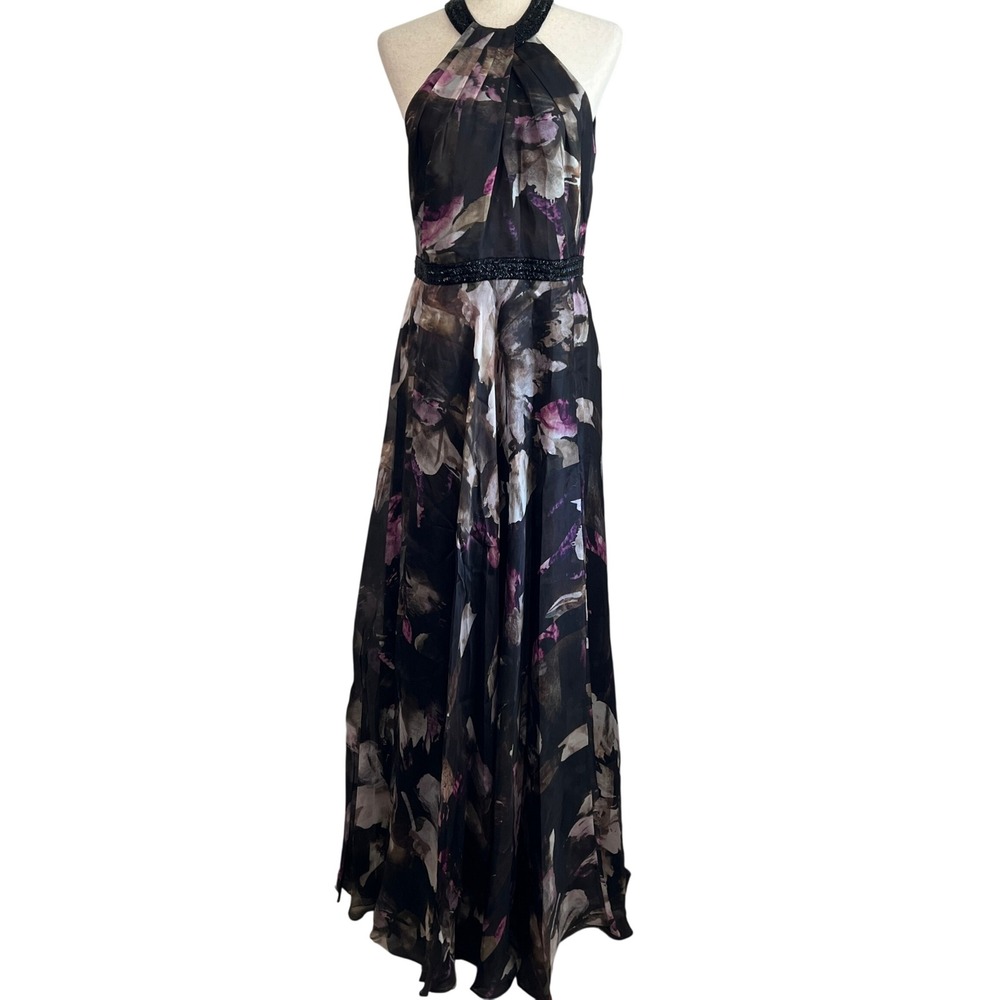 Carmen Marc Valvo Womens 10 Silk Floral Beaded Halter Maxi Evening Gown Dress